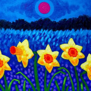 Daffs And Magenta Moon 12 Inches X 16 Inches Acrylic On Stretched Canvas 250e