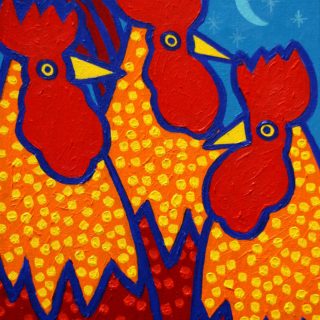 Funky Roosters Acrylic On Stretched Canvas 14inches X 11 Inches Sold €250